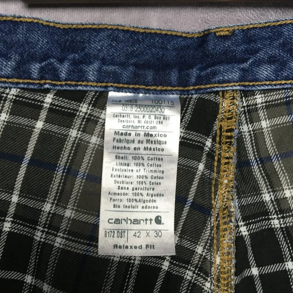 Carhartt Mens Flannel Lined Blue Jeans‎ size 42x30 Relaxed Fit Denim Work Trades